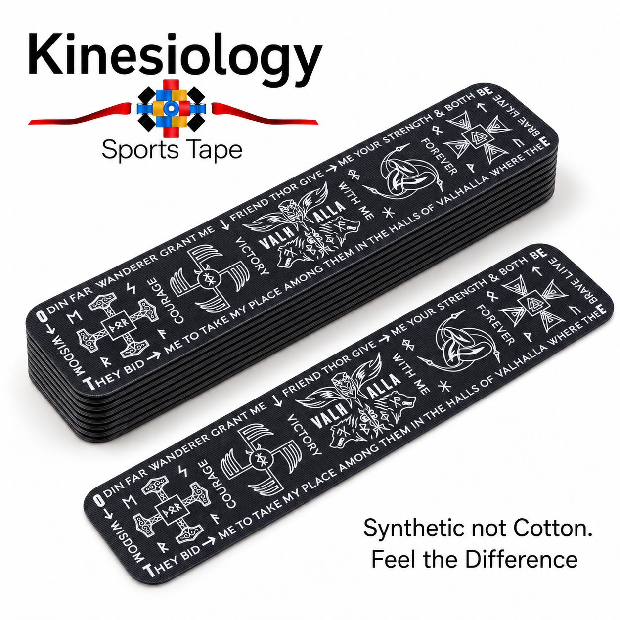 Ten pre-cut black Viking Talisman strips in the horizontal design, stacked with one in front, the Valhalla verse in white print