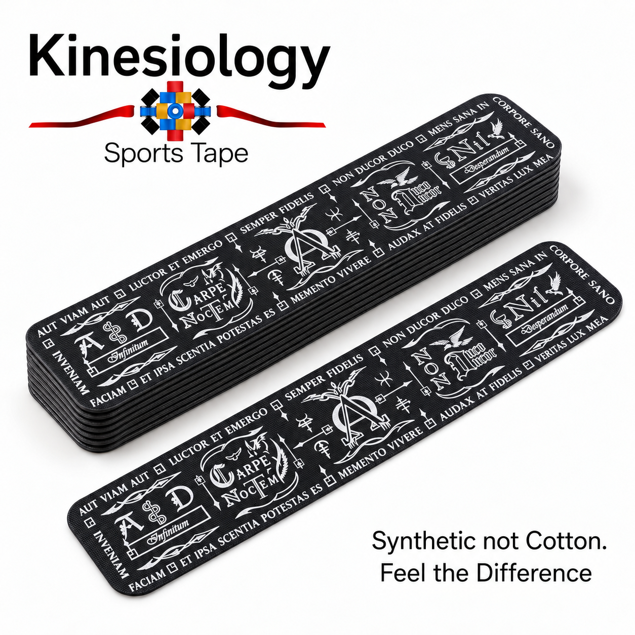 Ten black Latin Talisman strips in the horizontal design, stacked with one in front, mottoes such as Semper Fidelis in white print