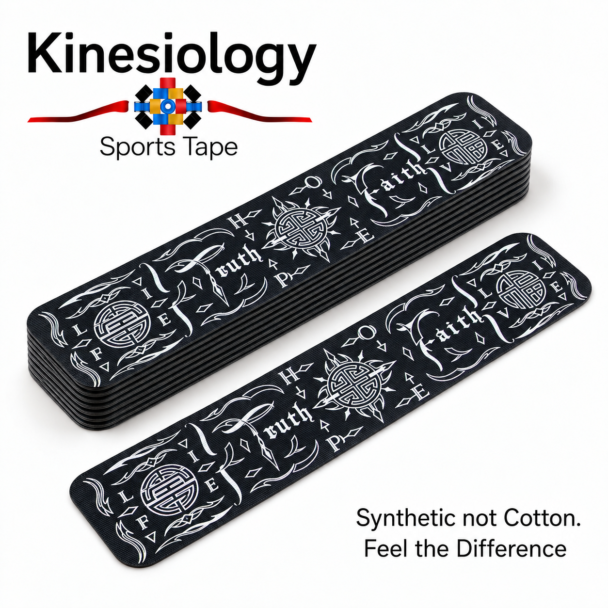 Ten black Feng Shui Talisman strips in the horizontal design, Love, Truth, Faith and Life lettered along the white print