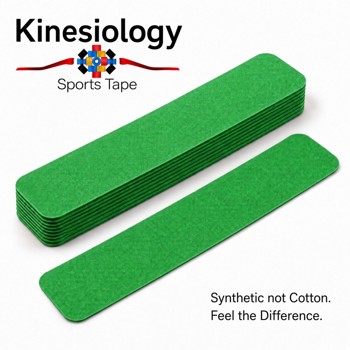 Stack of ten pre-cut green kinesiology tape strips with a separate strip laid out in front on a white background