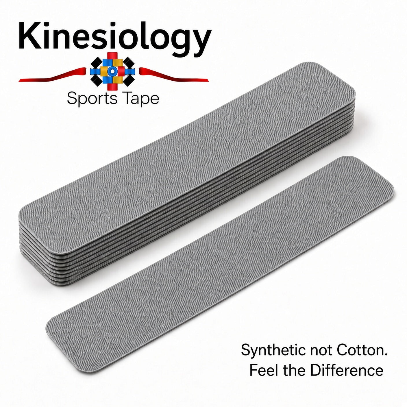 Ten pre-cut grey kinesiology tape strips piled up, with one strip placed in front of the stack on plain white