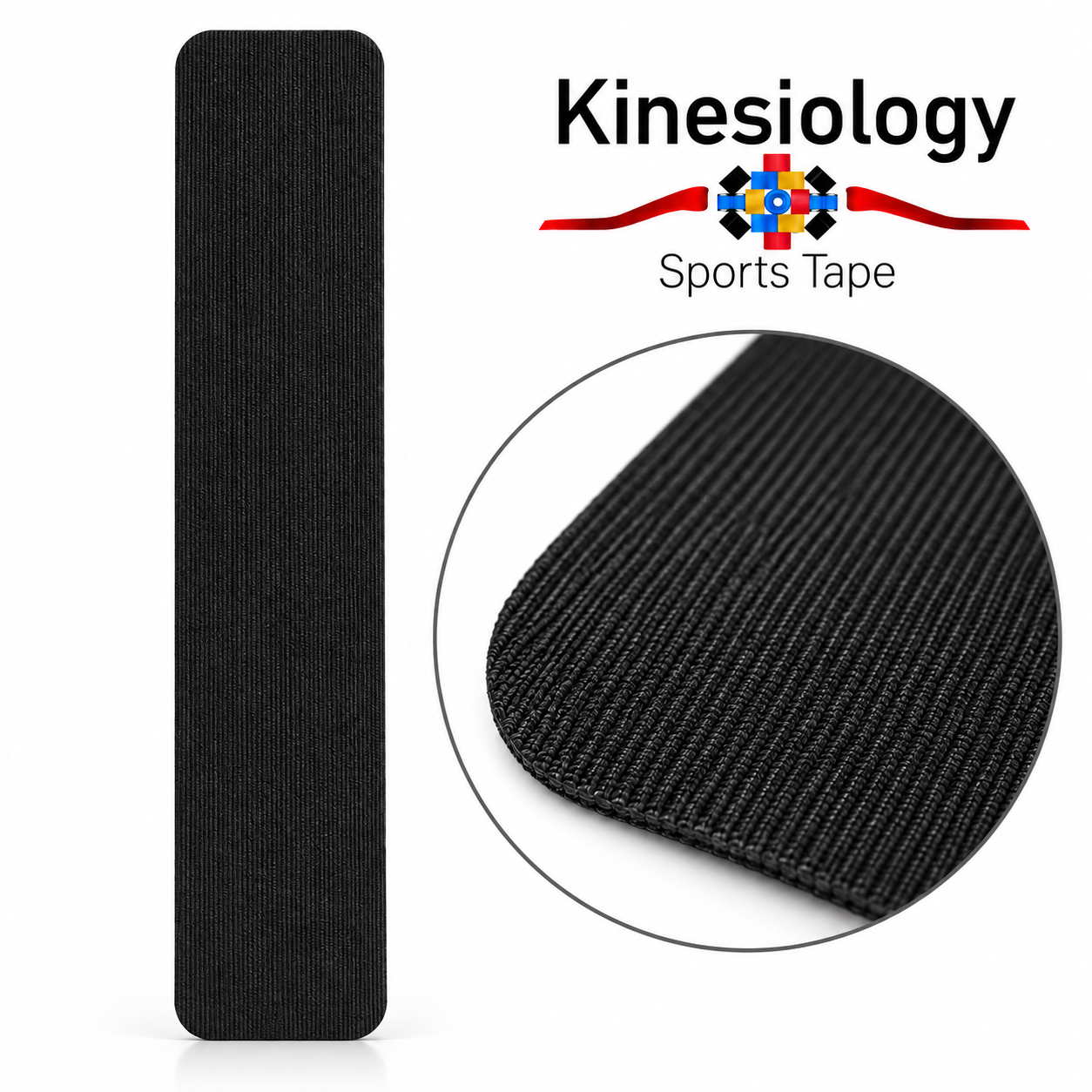 A single black pre-cut kinesiology tape strip beside a magnified close-up of its ribbed woven fabric and rounded corner