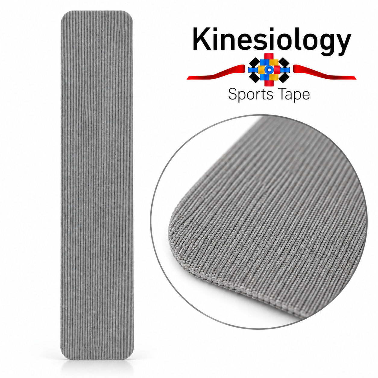 One grey pre-cut kinesiology tape strip shown with a zoomed circle revealing the fine ribbing of the woven fabric