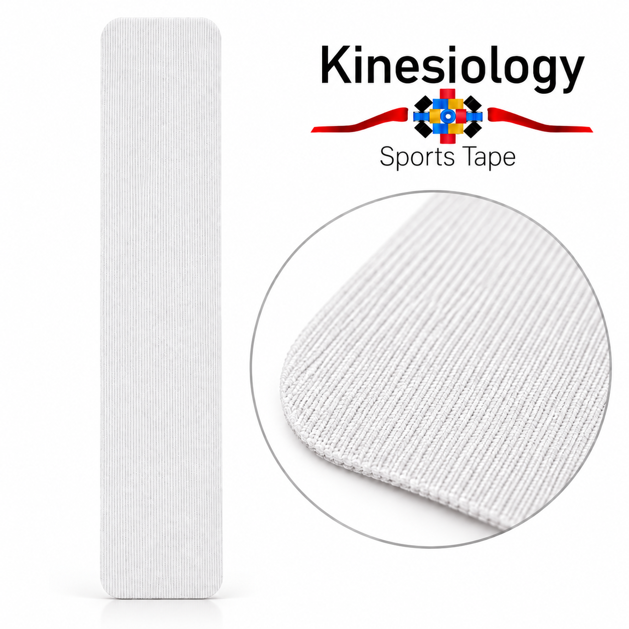 A single white pre-cut kinesiology tape strip next to an enlarged view of its finely ribbed synthetic weave