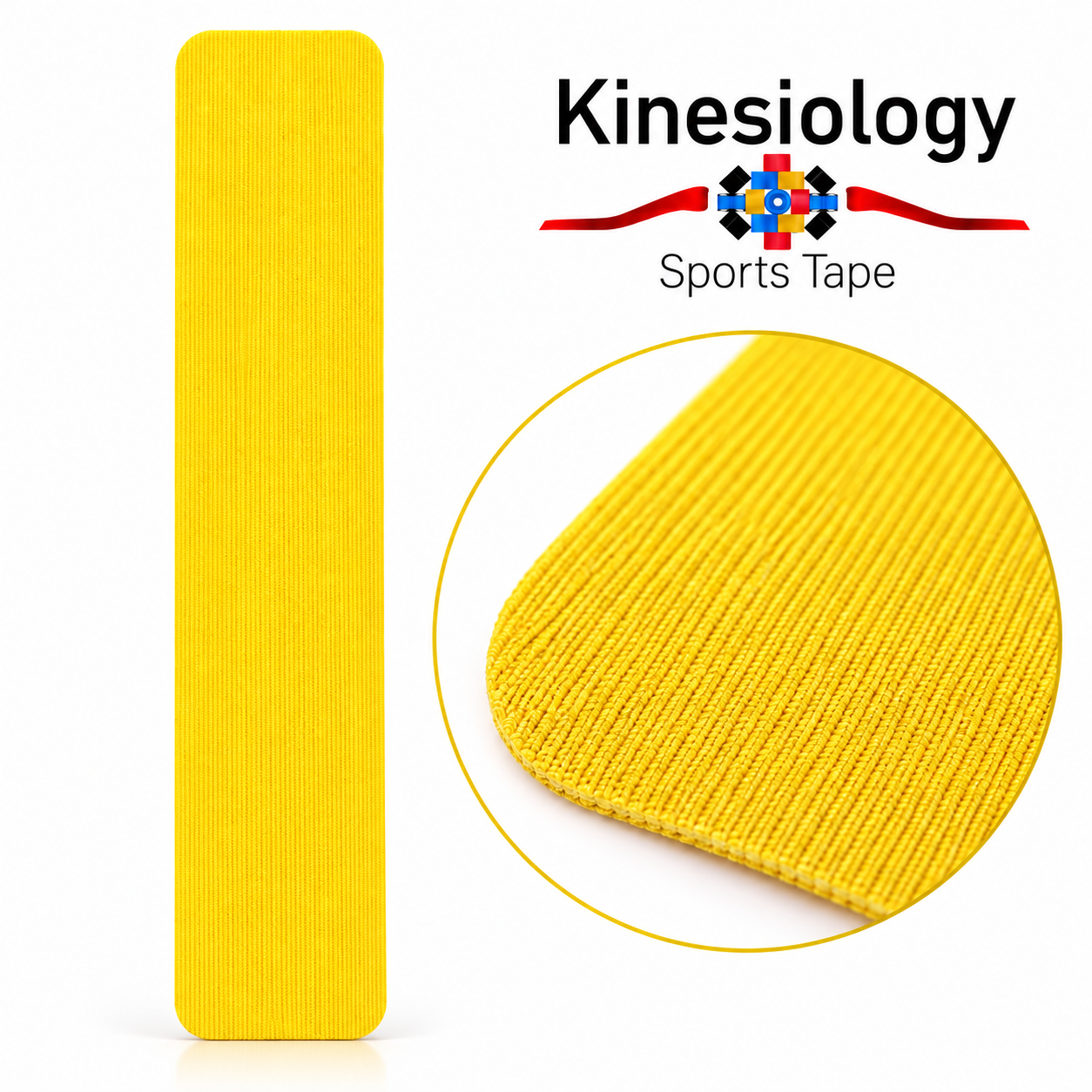 One yellow pre-cut kinesiology tape strip with a magnified circle showing the texture of the woven fabric