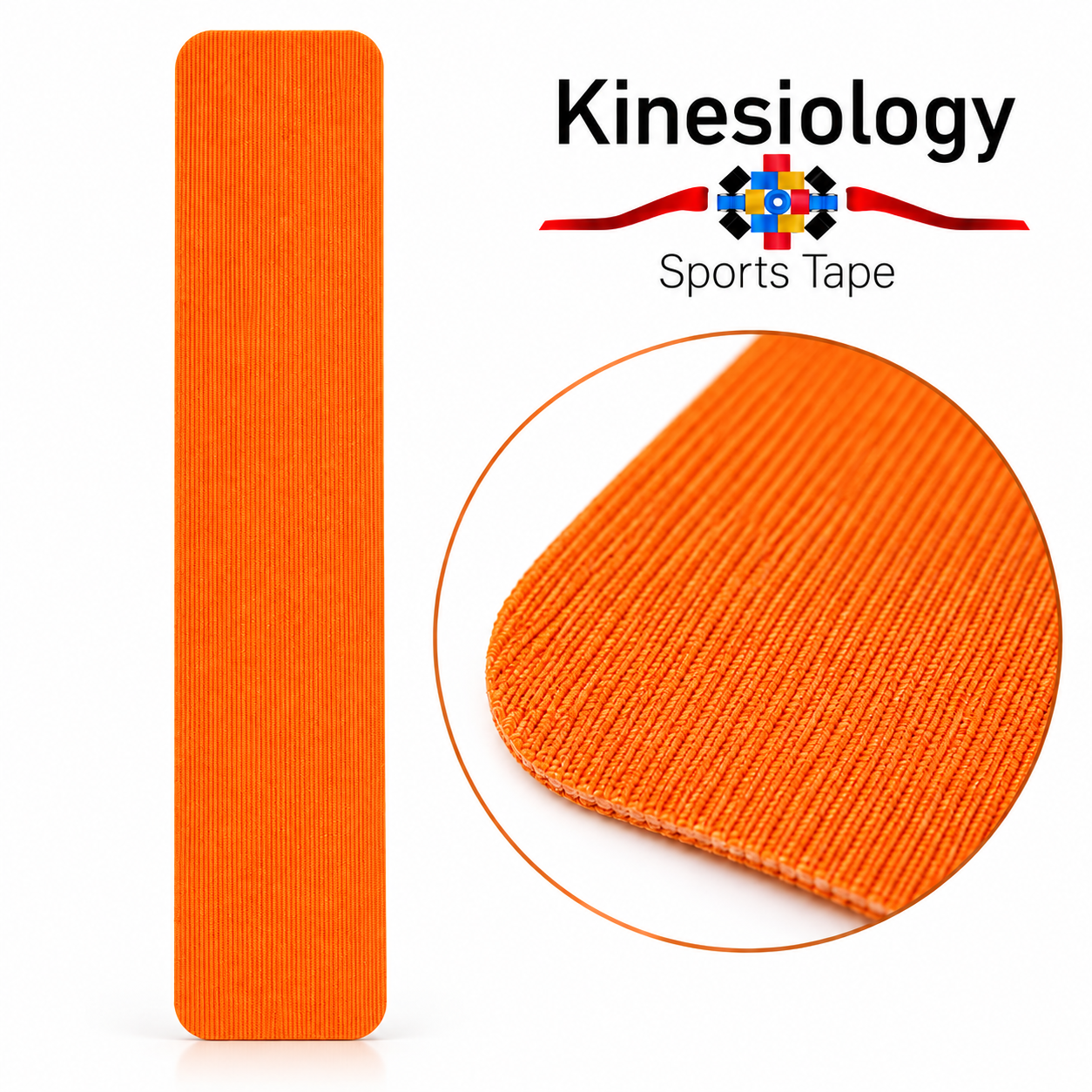 A single orange pre-cut kinesiology tape strip alongside a close-up circle of its ribbed woven surface