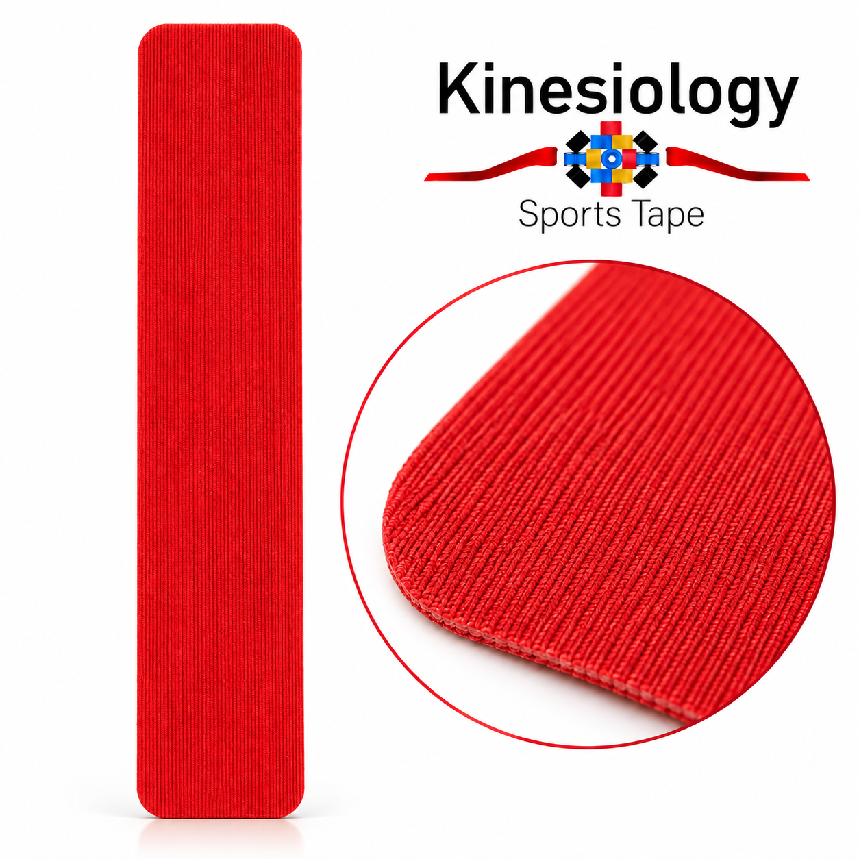 One red pre-cut kinesiology tape strip shown beside a magnified detail of the fabric's fine ribbed texture