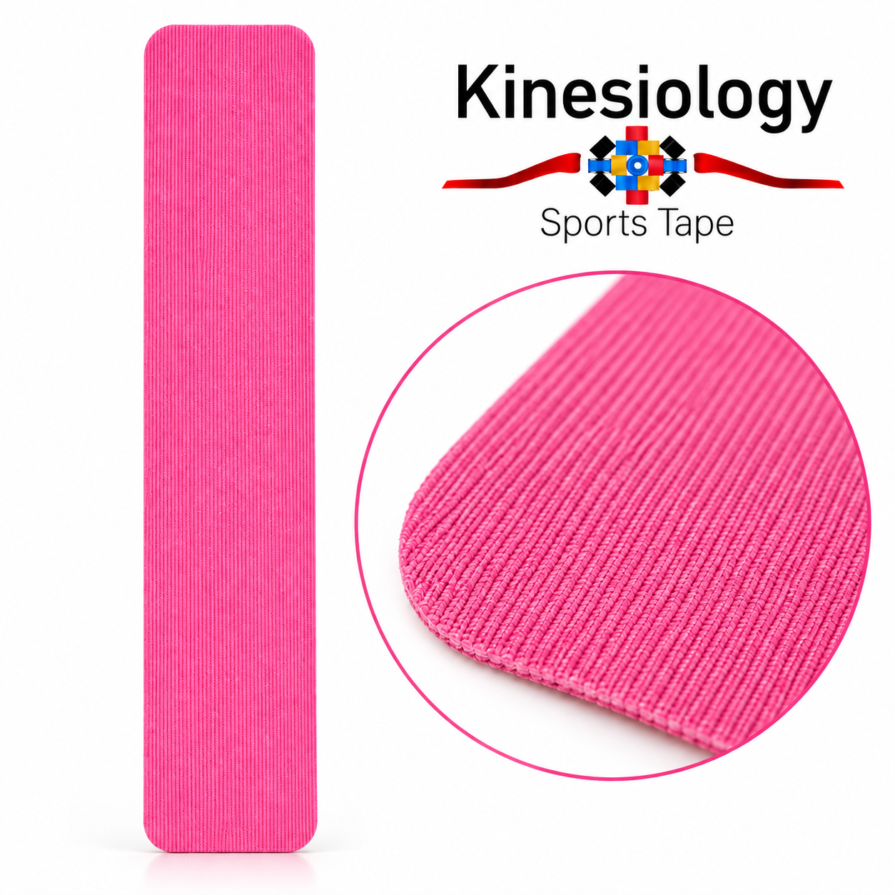 A single pink pre-cut kinesiology tape strip with an enlarged circle revealing the ribbing in the woven fabric