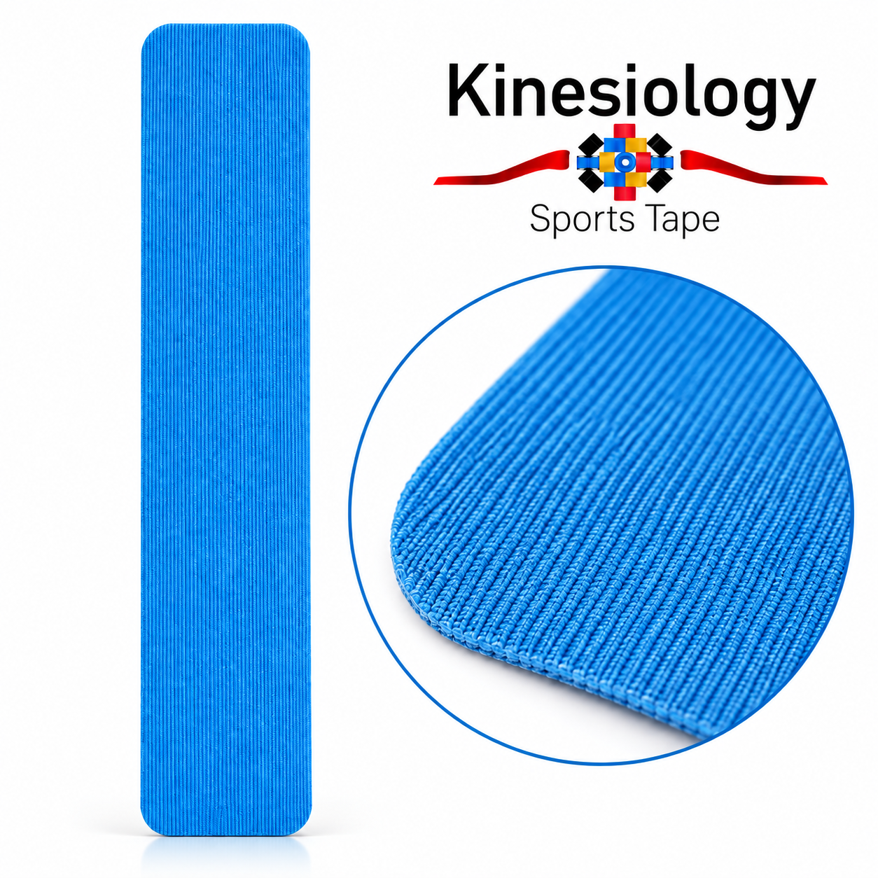 One blue pre-cut kinesiology tape strip next to a zoomed view of its rounded corner and ribbed weave