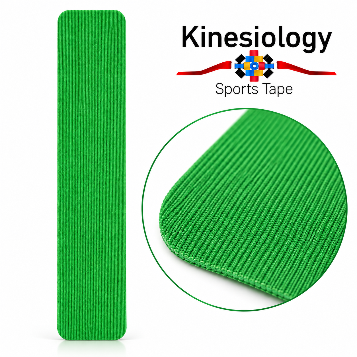 A single green pre-cut kinesiology tape strip beside a magnified close-up of its woven, ribbed surface