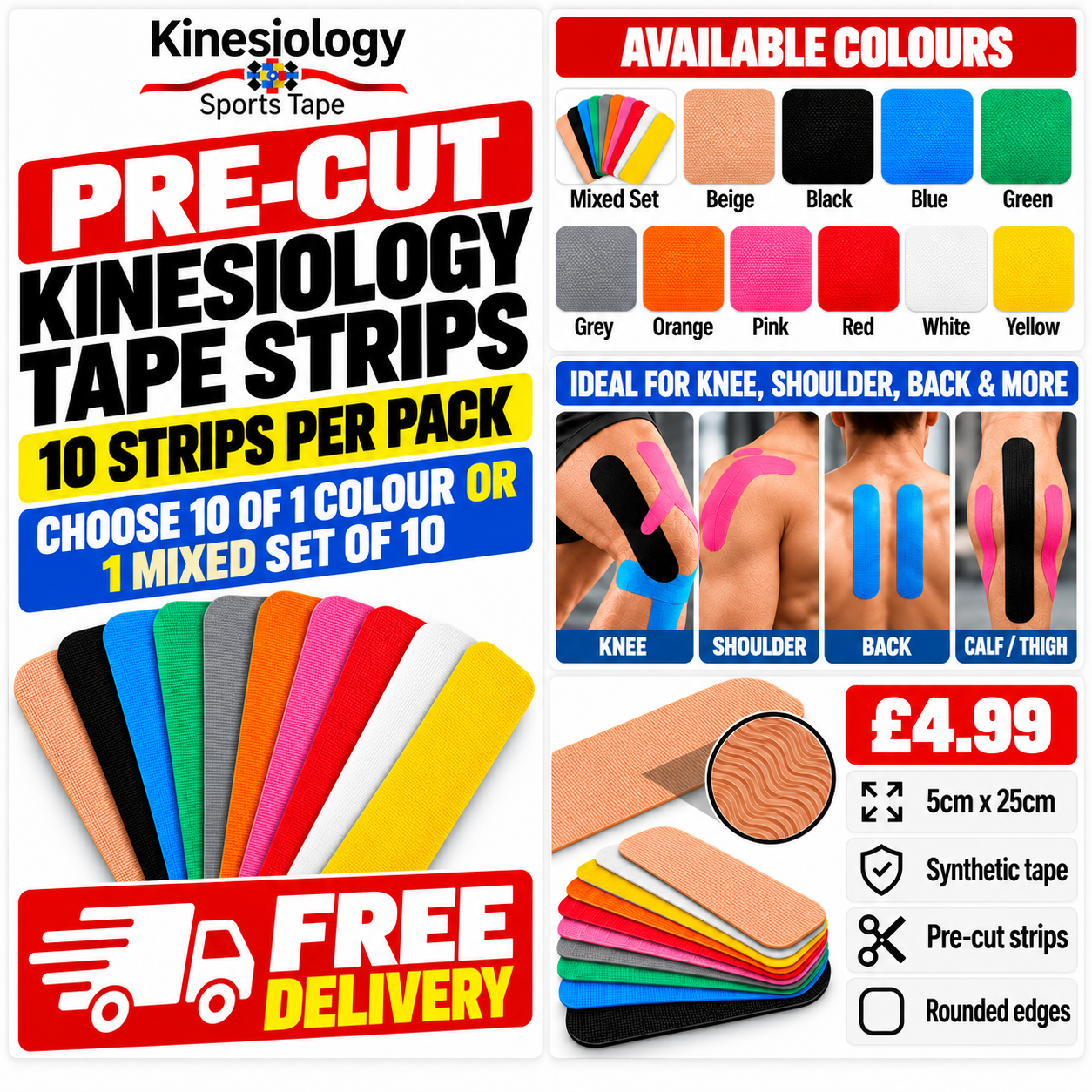 Pre-cut strips sales panel: ten per pack in one colour or a mixed set, the ten colours shown, plus knee, shoulder, back and calf taping photos