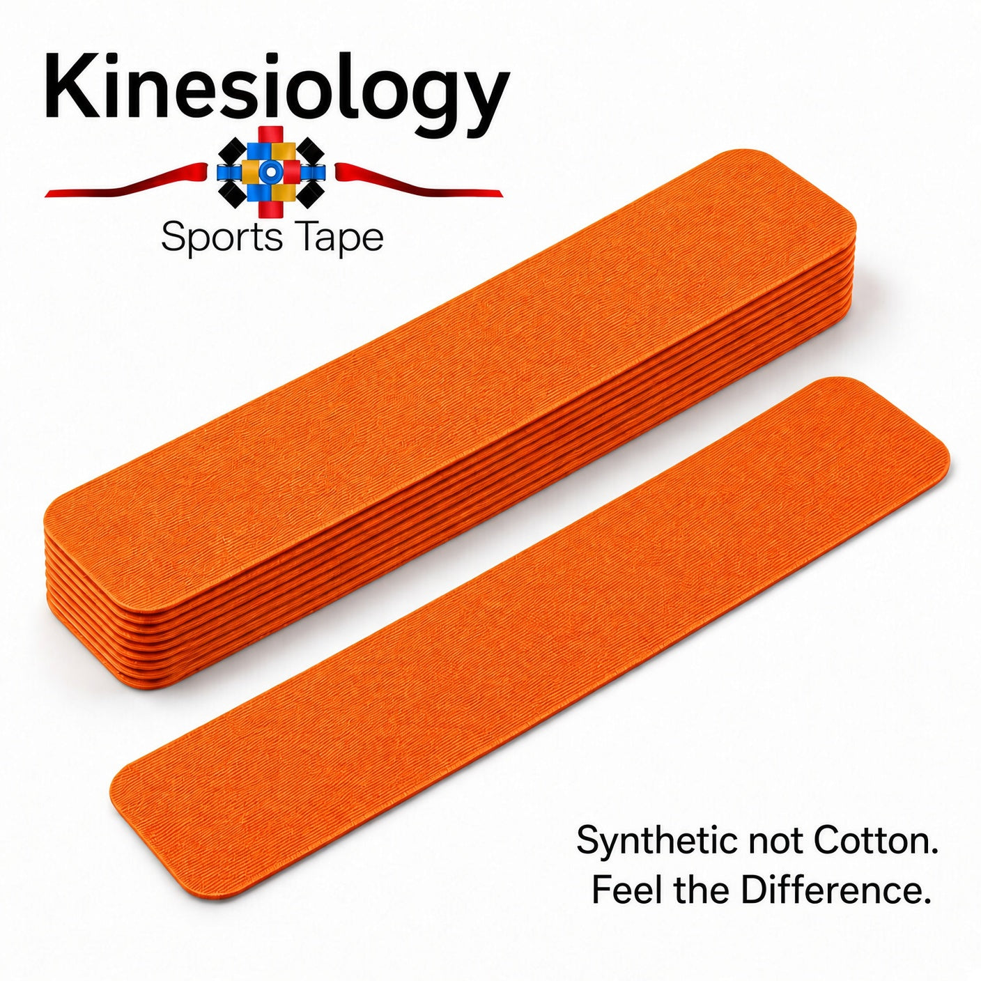A stack of ten pre-cut orange kinesiology tape strips and one loose strip in front, shot on a white background