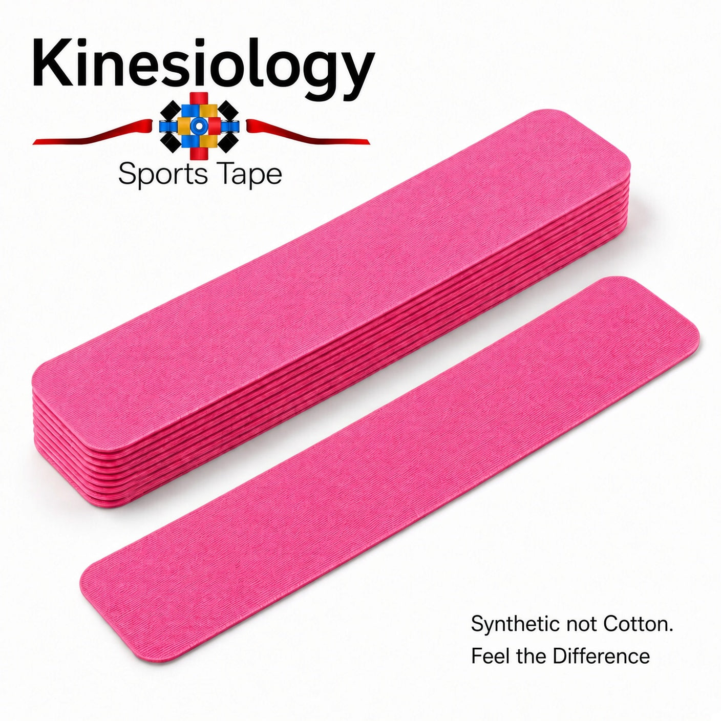 Ten pre-cut pink kinesiology tape strips stacked up, with a single strip lying in front of them on white