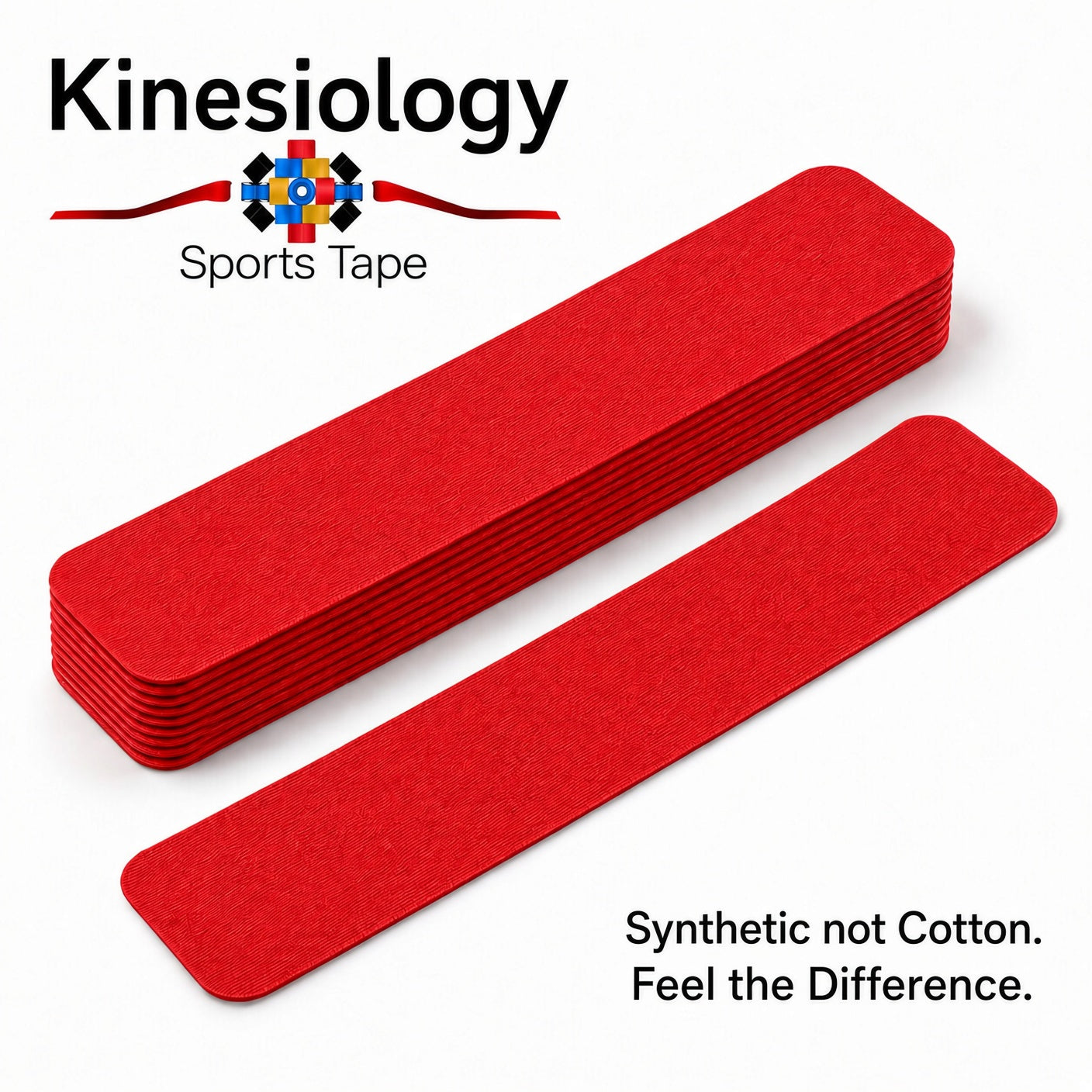 Stack of ten pre-cut red kinesiology tape strips, with one strip laid separately in front, photographed on white