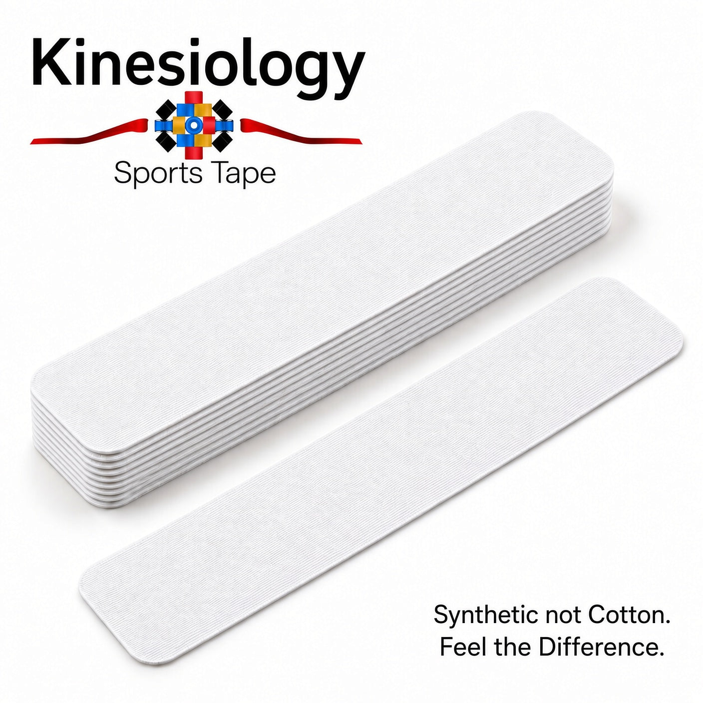 Ten pre-cut white kinesiology tape strips in a stack with one loose strip in front, against a plain white background