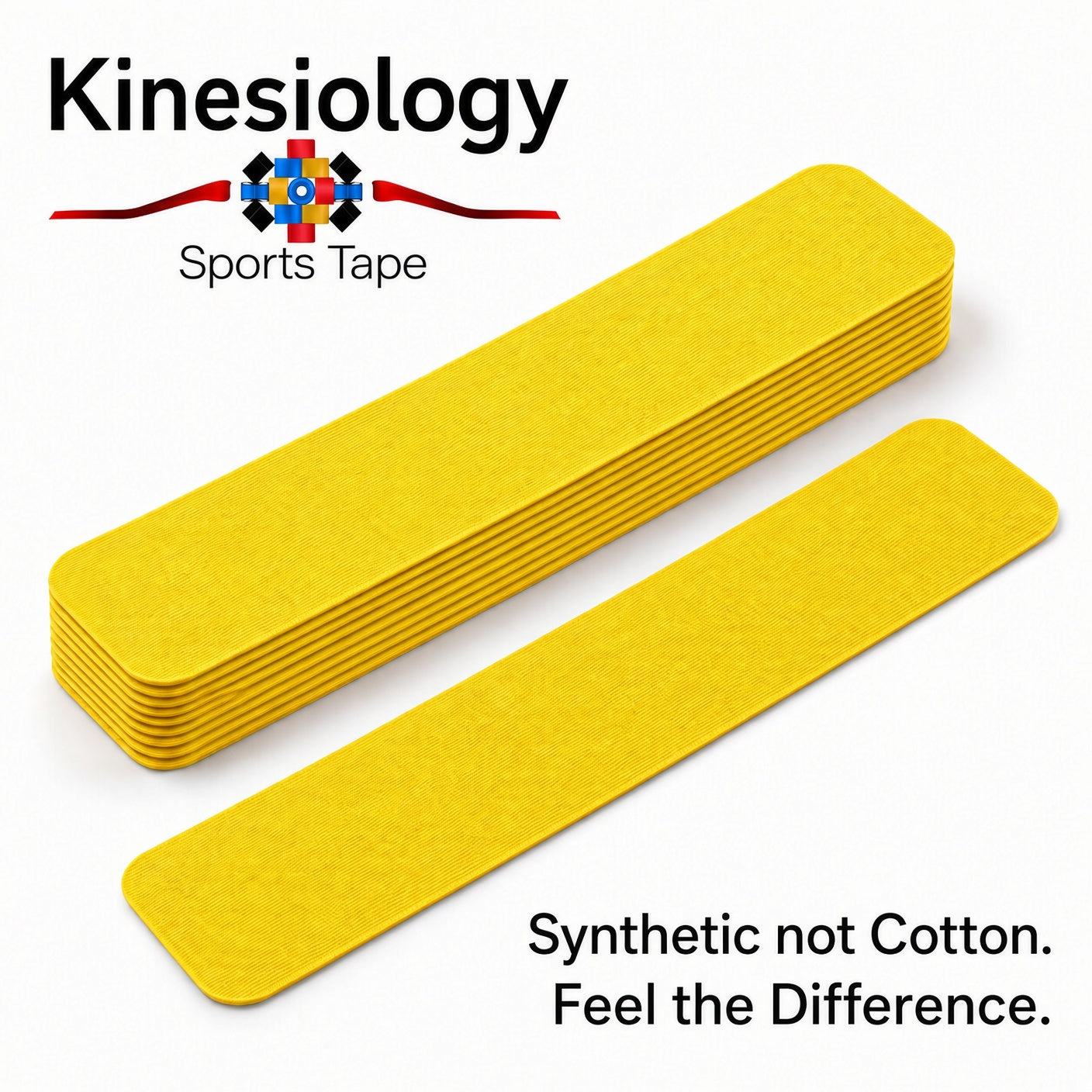 A stack of ten pre-cut yellow kinesiology tape strips with a single strip set out in front on a white background