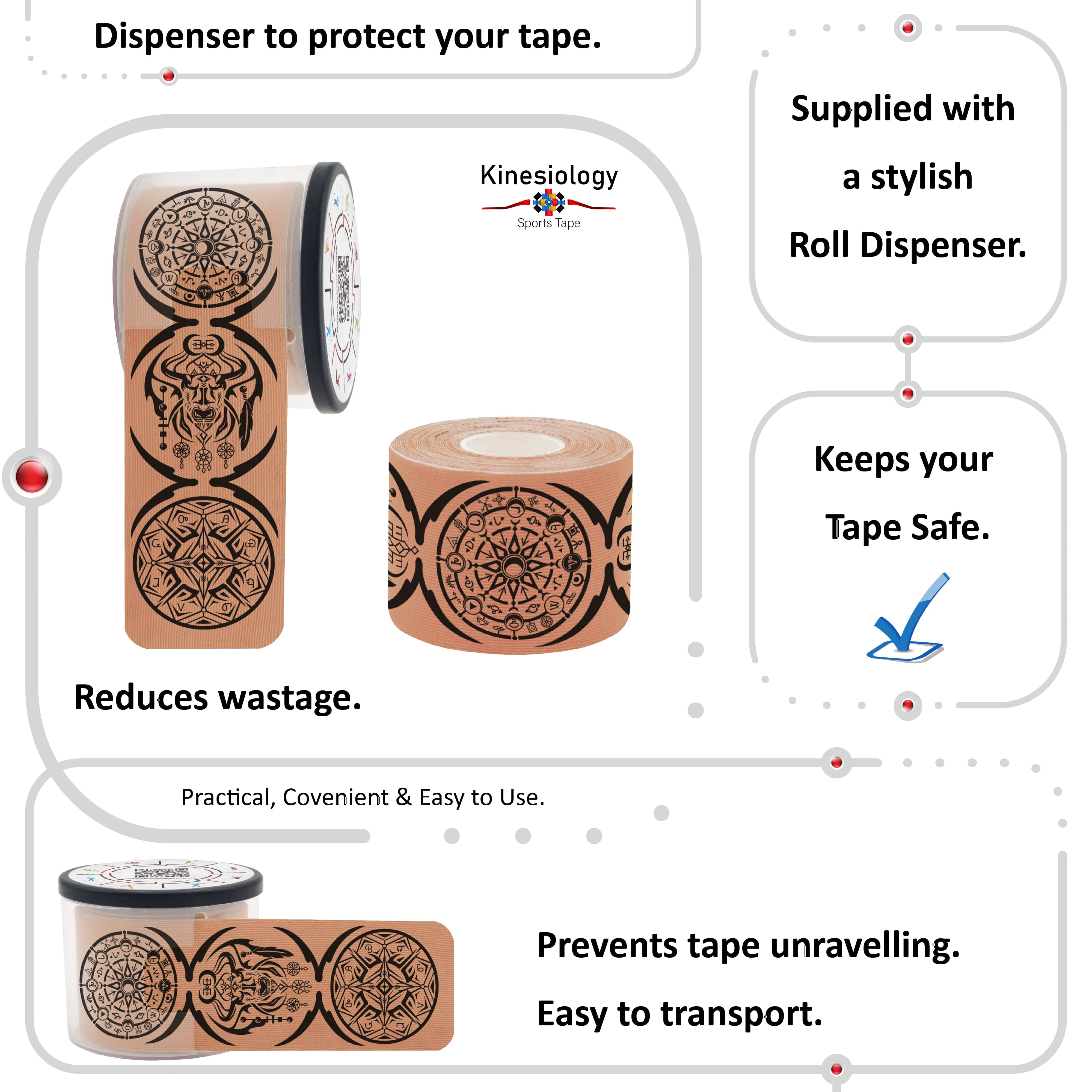 Kinesiology Sports Tape Health & Fitness Beige Kinesiology Tape Pre Cut with Dispenser - Talisman - Dreamcatcher - Vertical Design