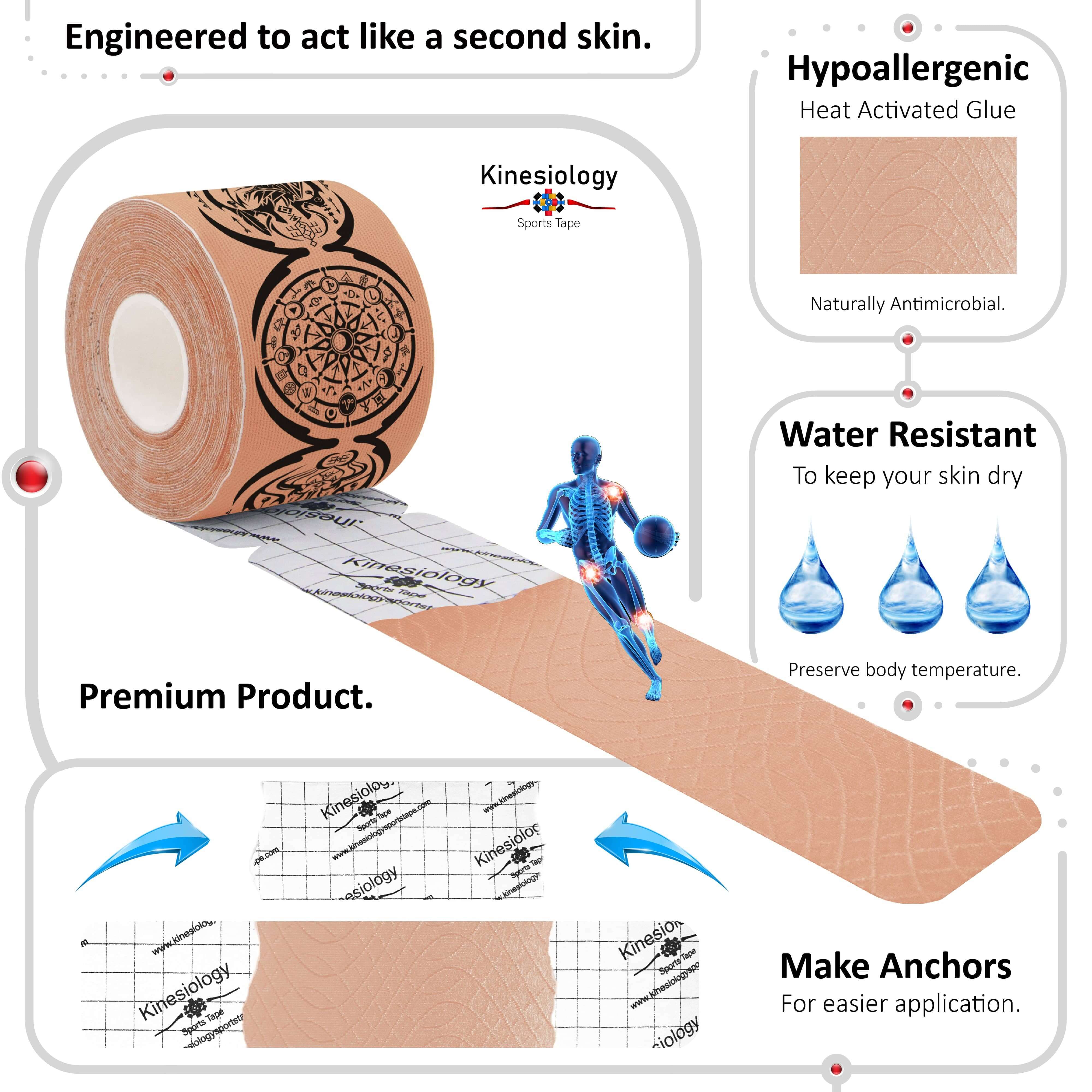 Kinesiology Sports Tape Health & Fitness Beige Kinesiology Tape Pre Cut with Dispenser - Talisman - Dreamcatcher - Vertical Design