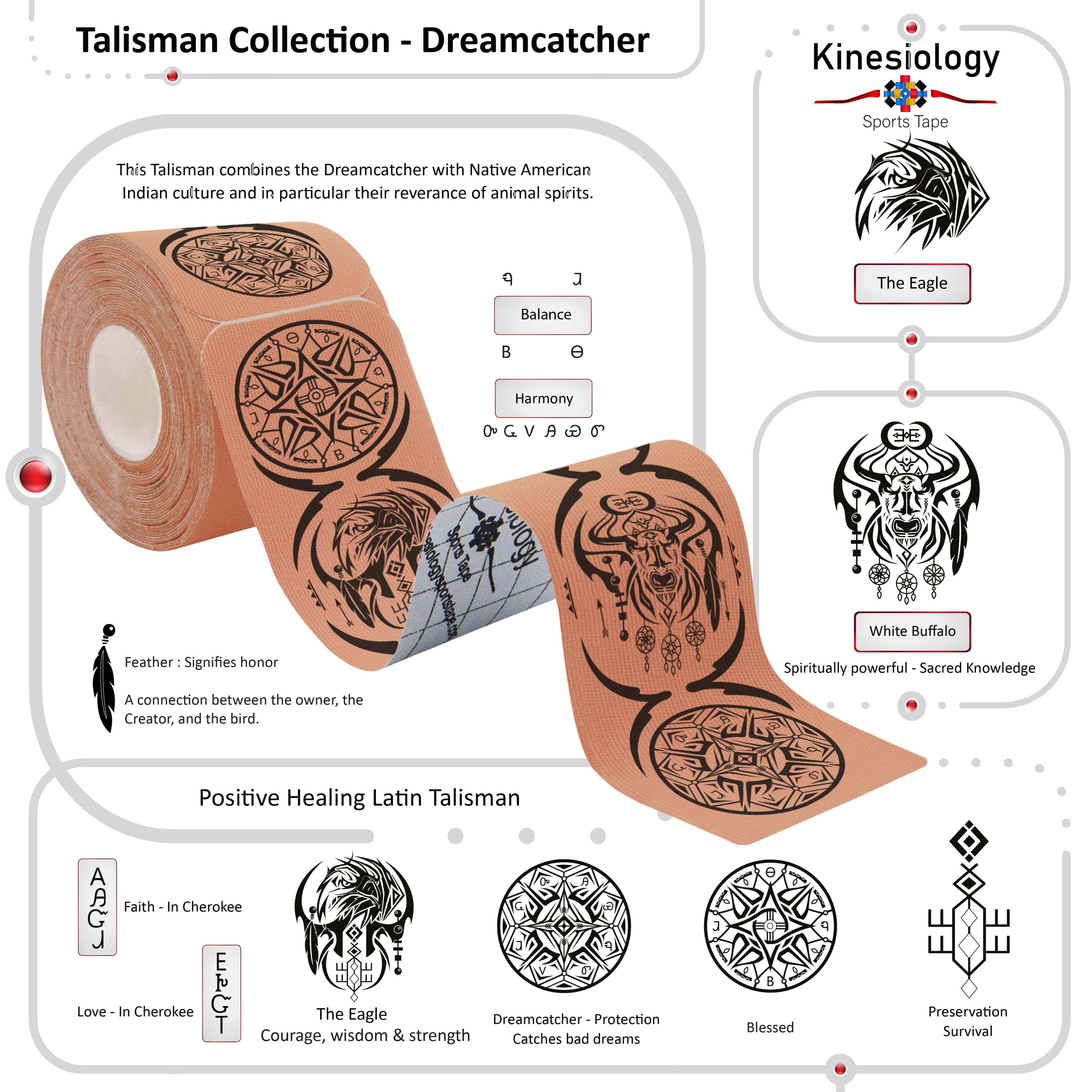 Kinesiology Sports Tape Health & Fitness Beige Kinesiology Tape Pre Cut with Dispenser - Talisman - Dreamcatcher - Vertical Design