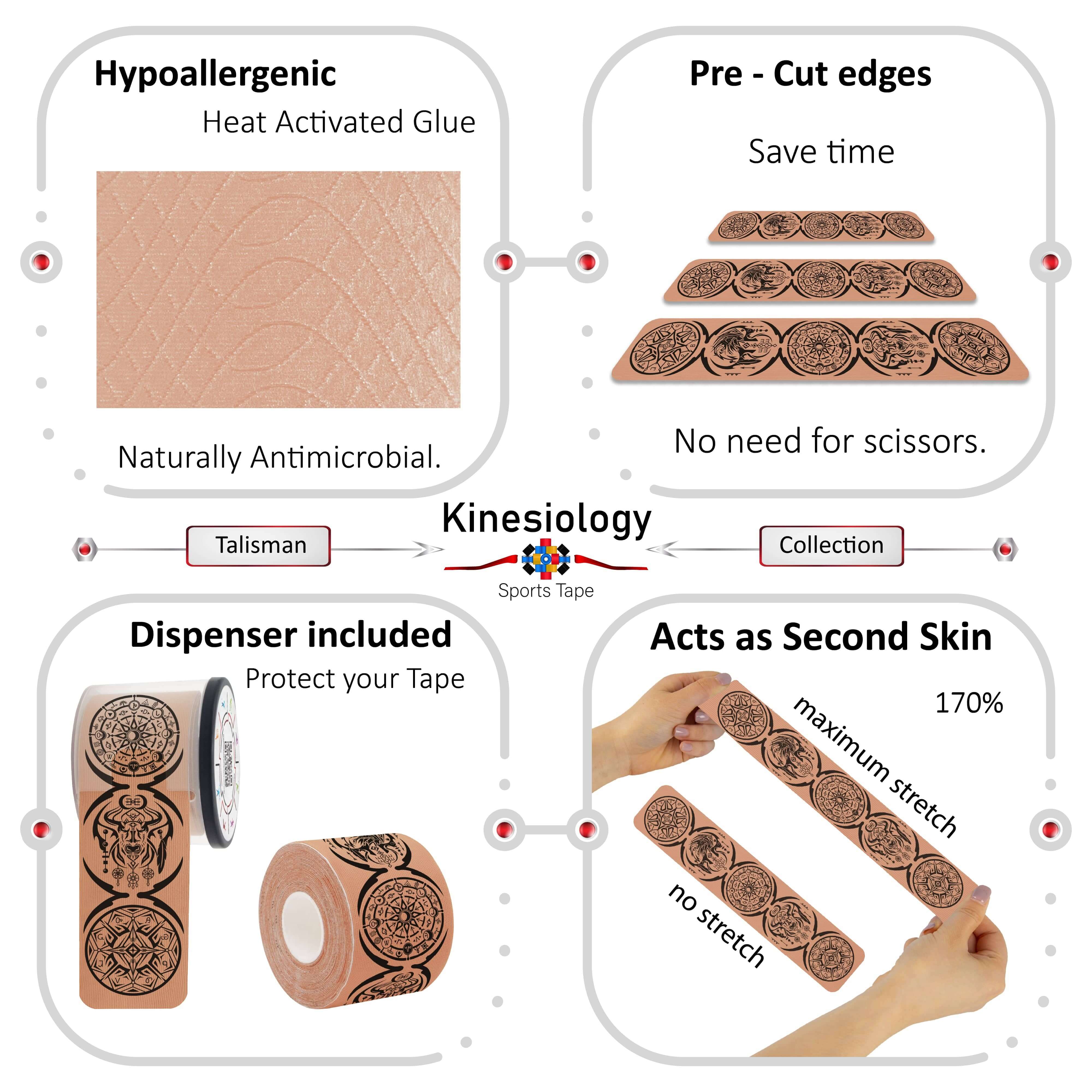 Kinesiology Sports Tape Health & Fitness Beige Kinesiology Tape Pre Cut with Dispenser - Talisman - Dreamcatcher - Vertical Design