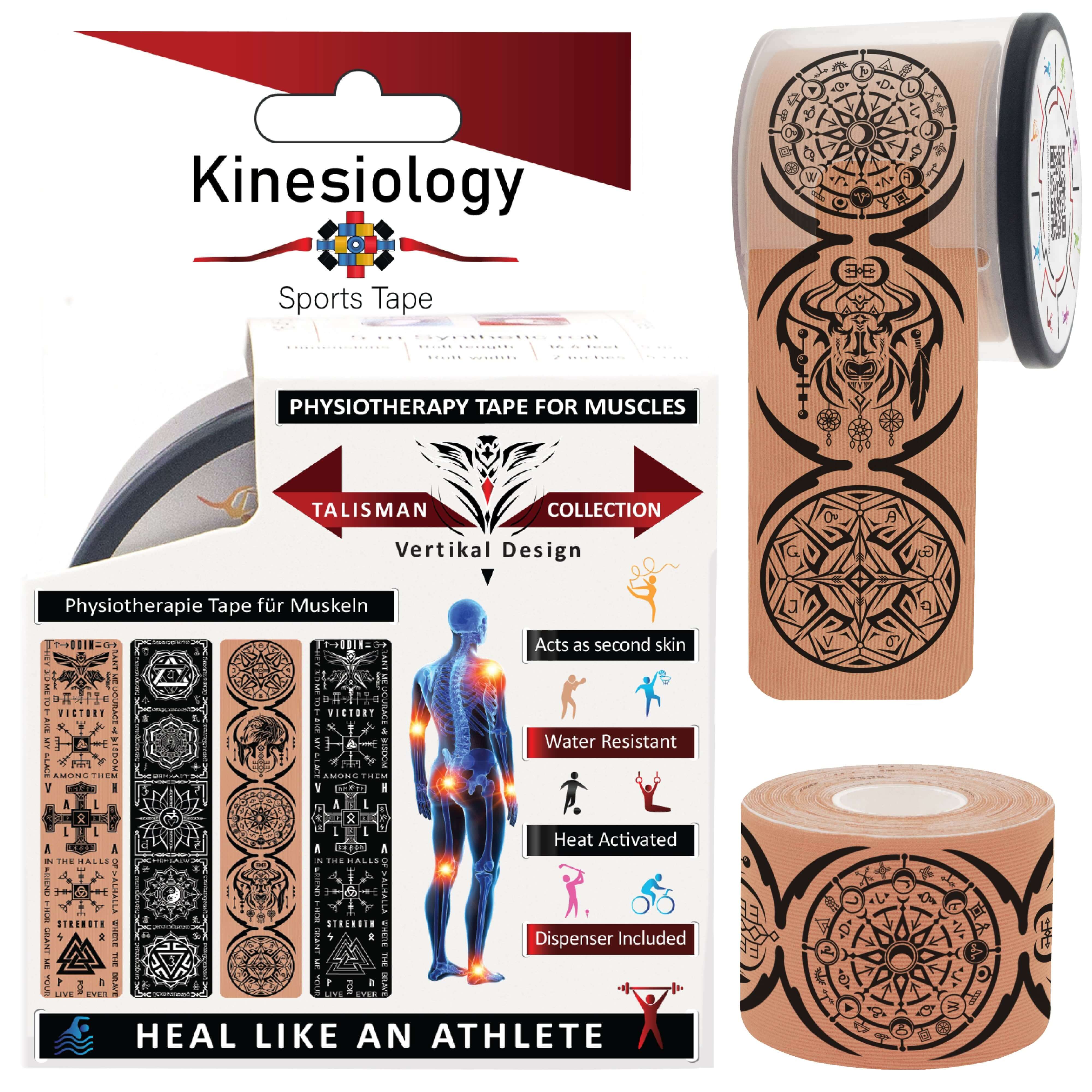 Kinesiology Sports Tape Health & Fitness Beige Kinesiology Tape Pre Cut with Dispenser - Talisman - Dreamcatcher - Vertical Design