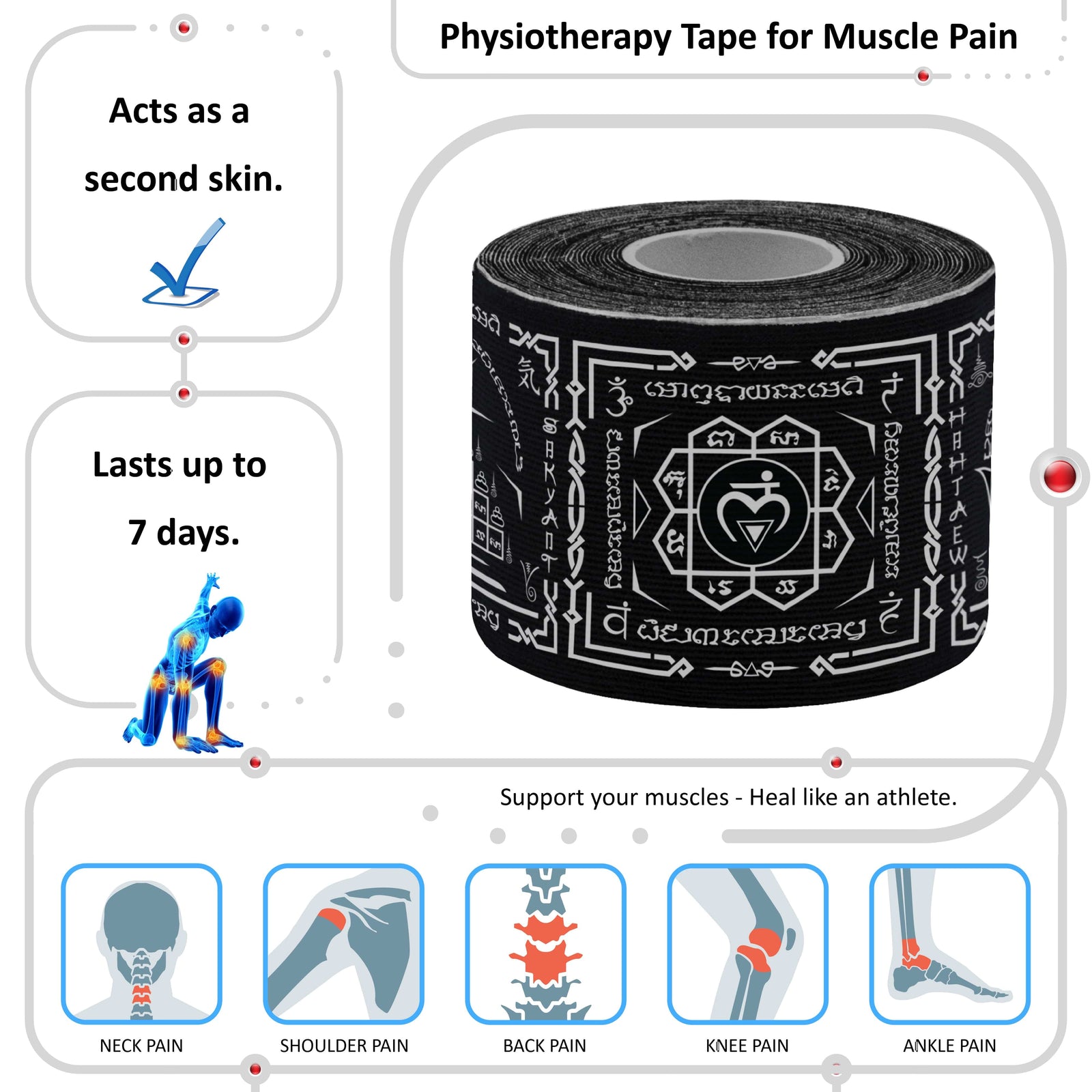 Black Chakra Talisman physiotherapy kinesiology tape for muscle pain – neck, shoulder, back, knee and ankle, lasts up to 7 days – Kinesiology Sports Tape