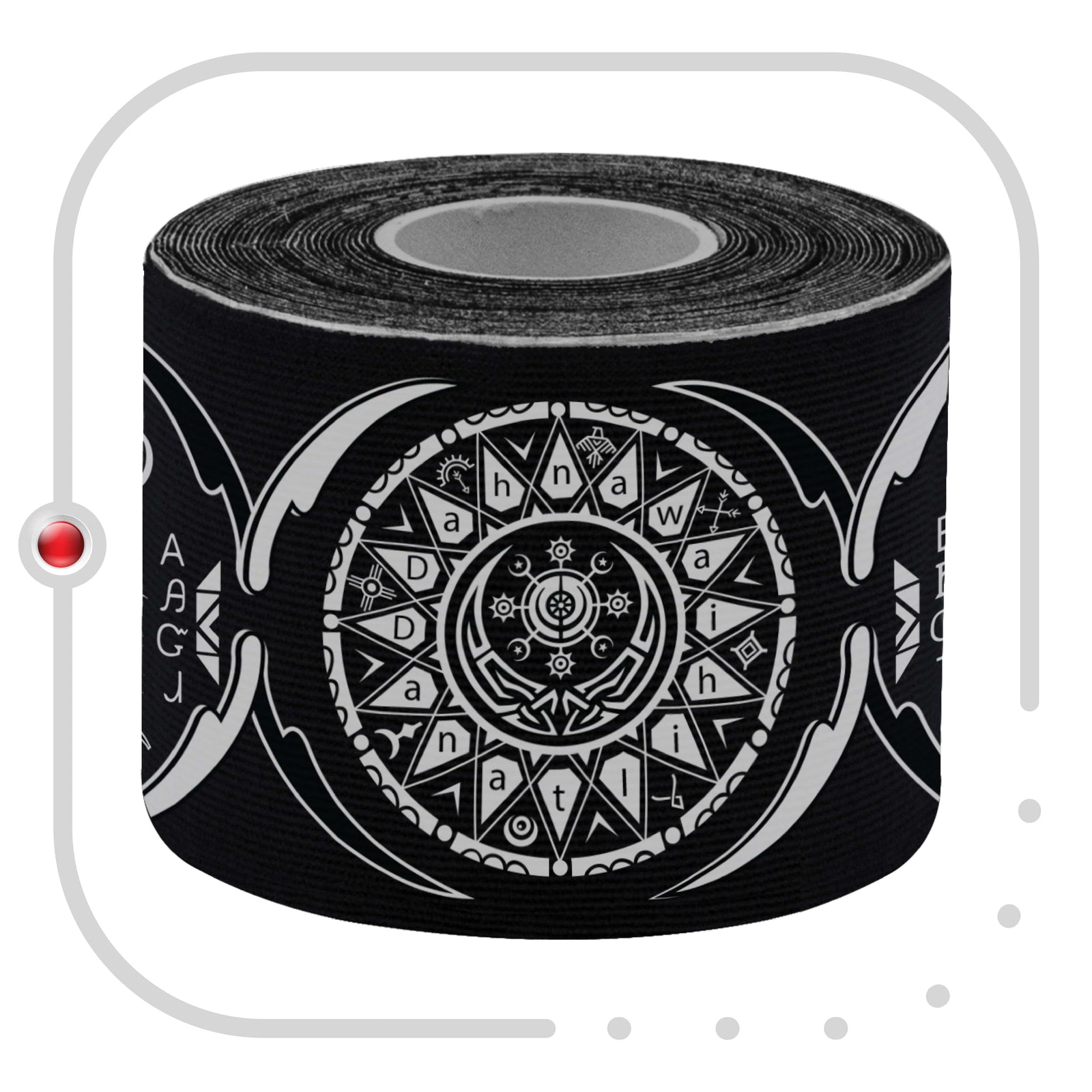 Close-up of a roll of Black Dreamcatcher Talisman kinesiology tape showing the Dreamcatcher and Native American symbol print – Kinesiology Sports Tape