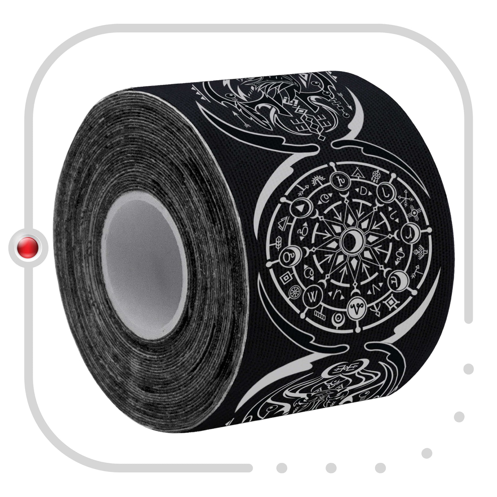 Close-up of a roll of Black Dreamcatcher Talisman kinesiology tape showing the Dreamcatcher and Native American symbol print – Kinesiology Sports Tape