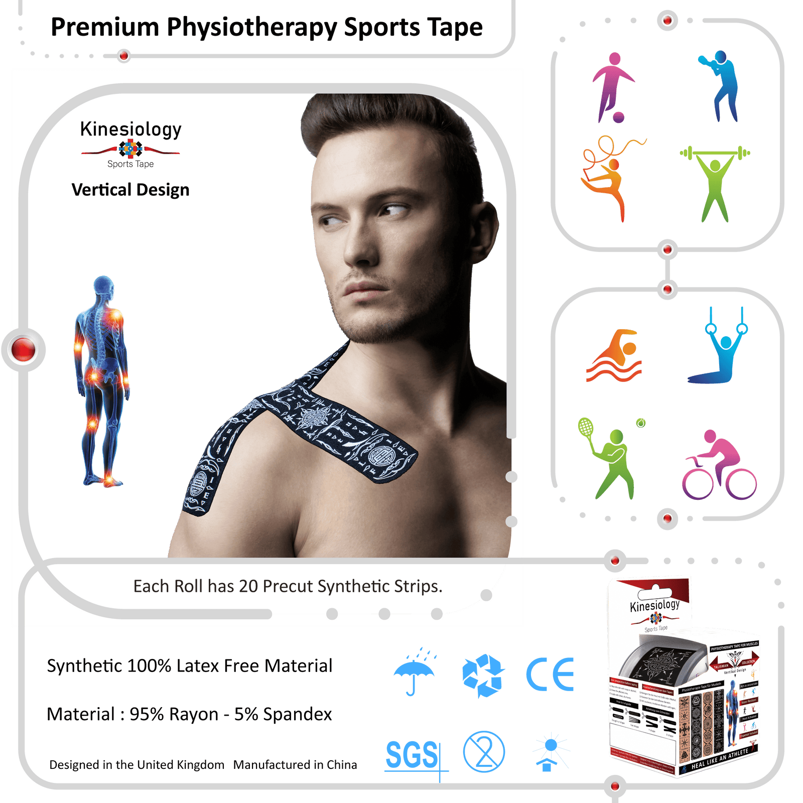 Black Feng Shui Talisman kinesiology tape applied to a man's shoulder – vertical design, pre-cut strips, Kinesiology Sports Tape