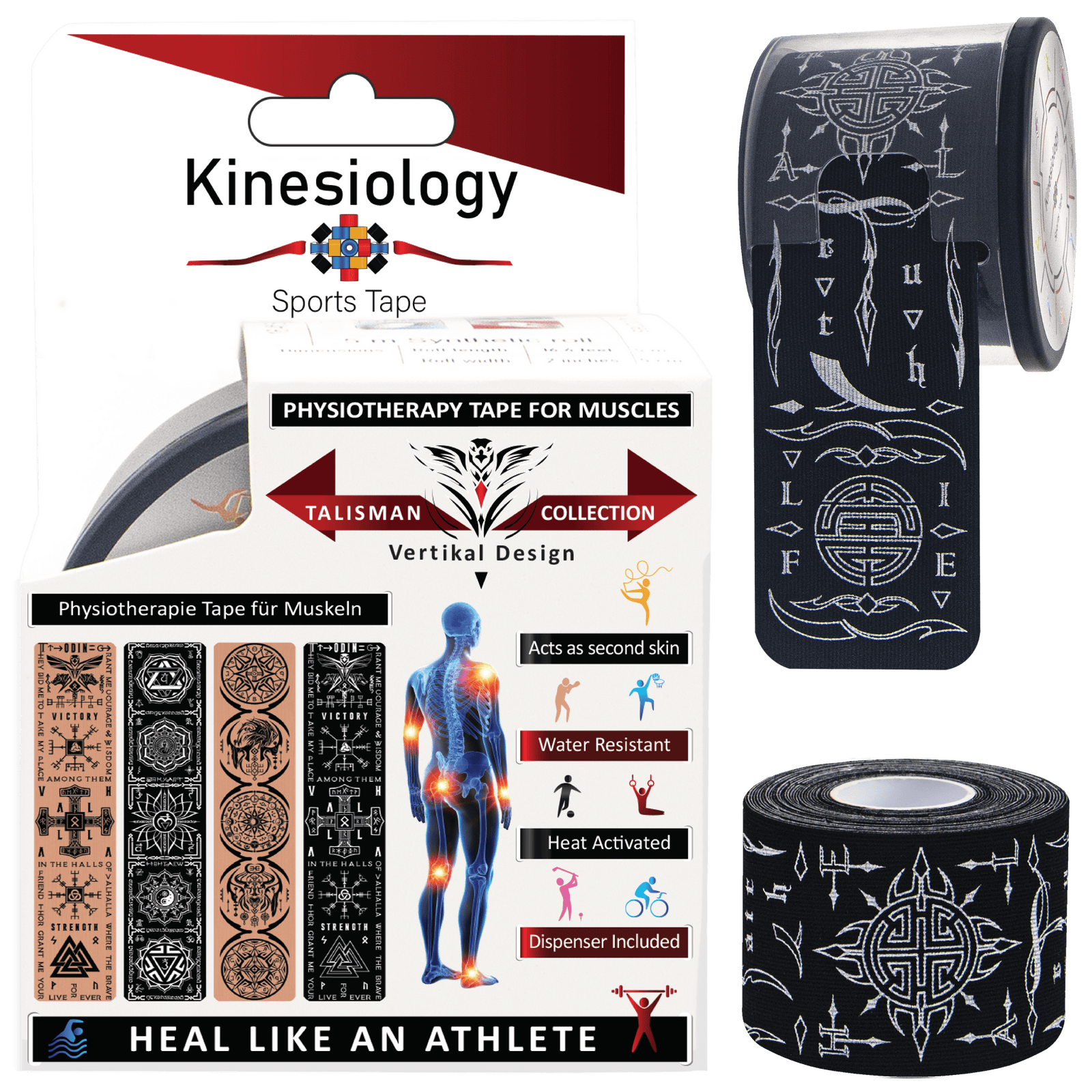 Black Feng Shui Talisman retail box with a pre-cut roll and a loose strip of the Feng Shui symbol print – Kinesiology Sports Tape