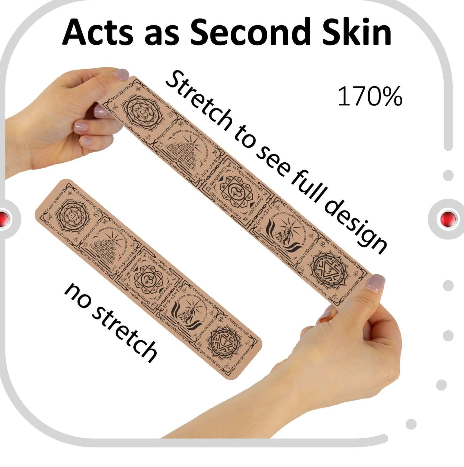 Beige Talisman kinesiology tape in the Reiki Chakra horizontal design, shown stretched beside an unstretched strip, demonstrating that the tape extends to 170% of its resting length and the pattern opens out at full stretch