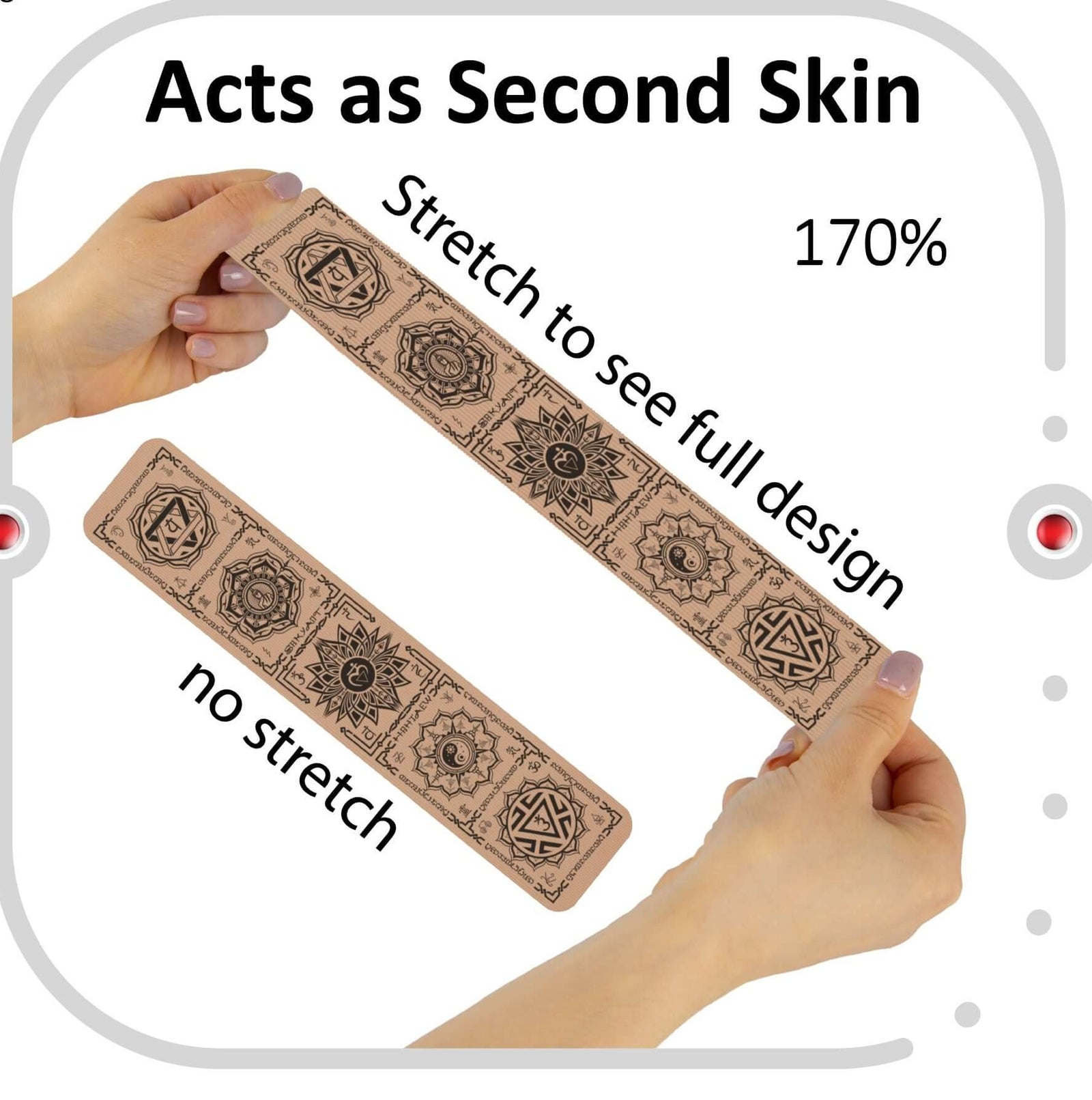 Beige Talisman kinesiology tape in the Reiki Chakra vertical design, shown stretched beside an unstretched strip, demonstrating that the tape extends to 170% of its resting length and the pattern opens out at full stretch