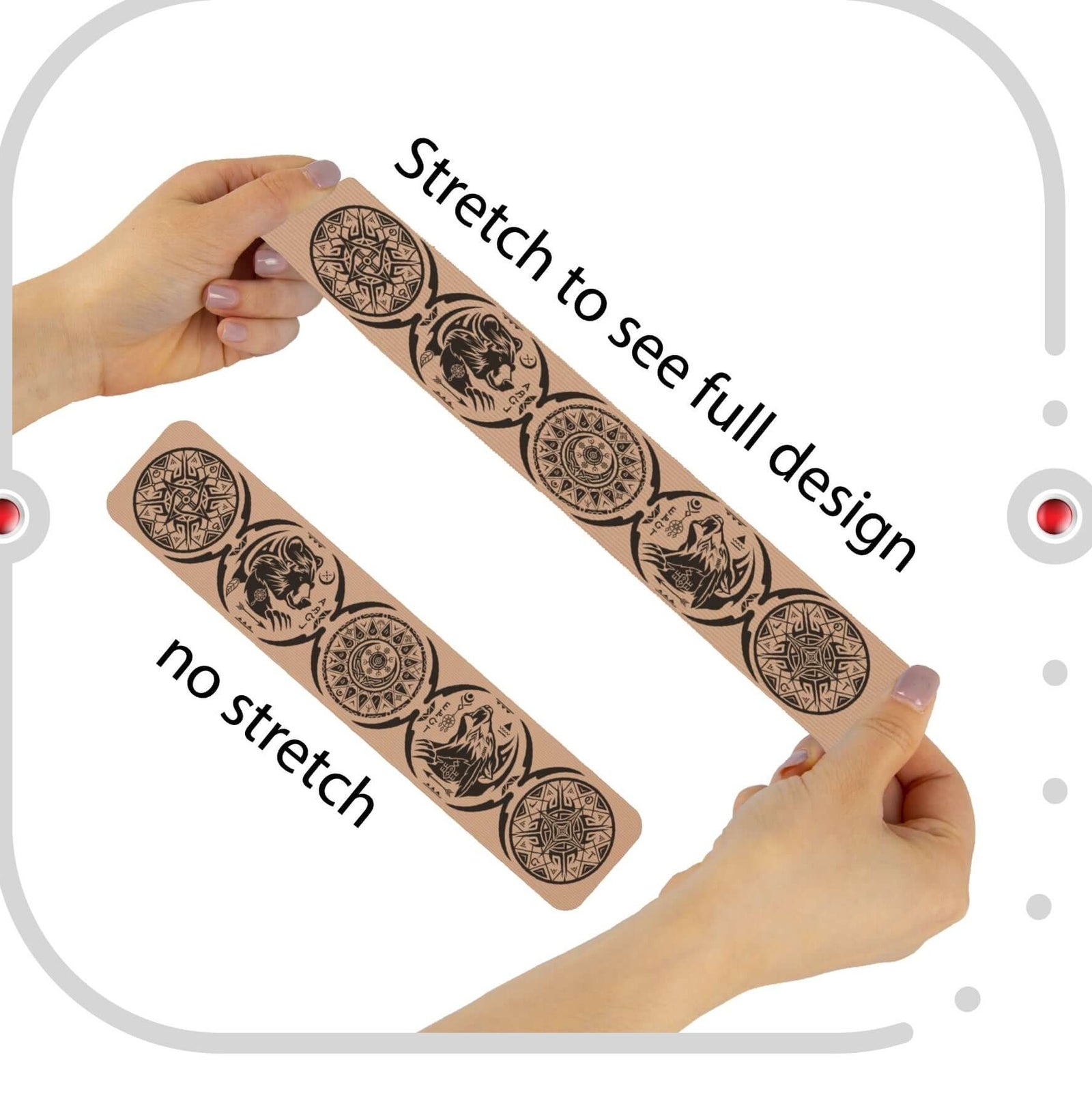 Beige Talisman kinesiology tape in the Dreamcatcher horizontal design, shown stretched beside an unstretched strip, demonstrating that the tape extends to 170% of its resting length and the pattern opens out at full stretch