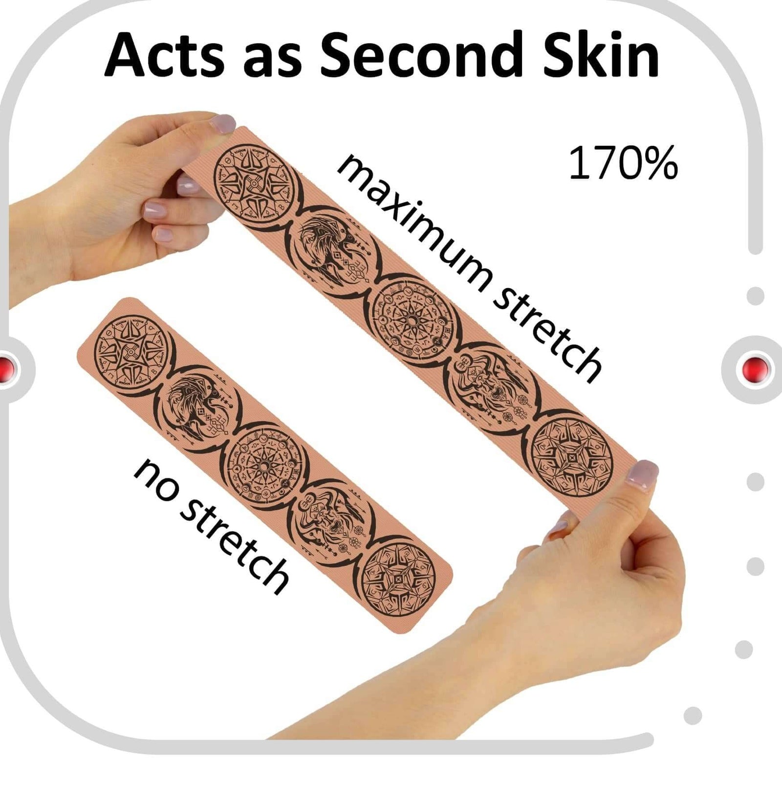 Beige Talisman kinesiology tape in the Dreamcatcher vertical design, shown stretched beside an unstretched strip, demonstrating that the tape extends to 170% of its resting length and the pattern opens out at full stretch