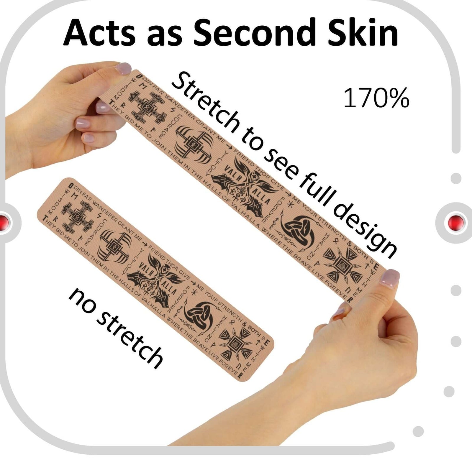 Beige Talisman kinesiology tape in the Viking Protection horizontal design, shown stretched beside an unstretched strip, demonstrating that the tape extends to 170% of its resting length and the pattern opens out at full stretch