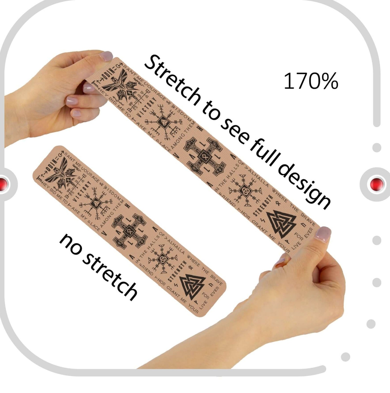 Beige Talisman kinesiology tape in the Viking Protection vertical design, shown stretched beside an unstretched strip, demonstrating that the tape extends to 170% of its resting length and the pattern opens out at full stretch