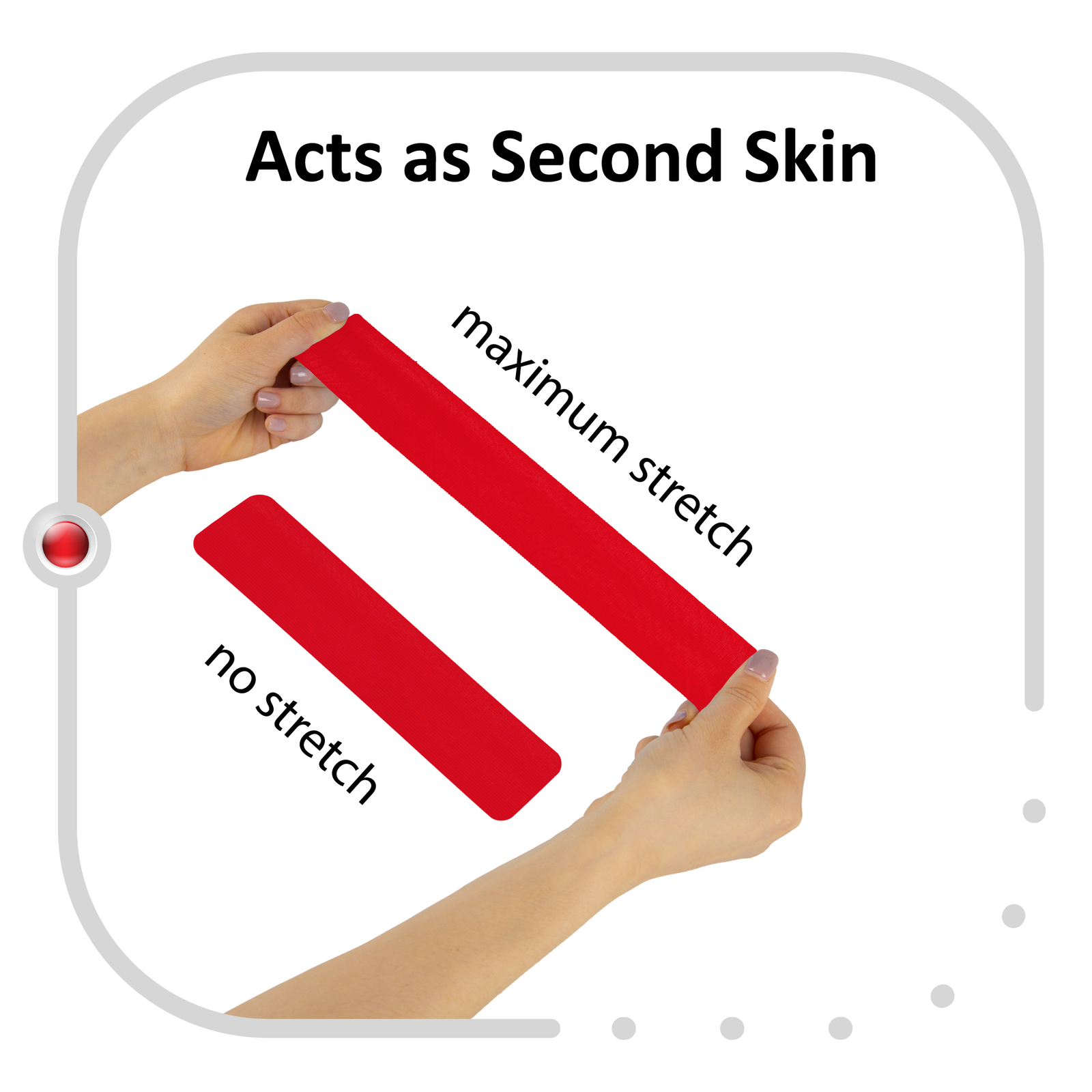Red kinesiology tape held at full stretch between two hands beside an unstretched strip of the same tape, showing that it extends to 170% of its resting length