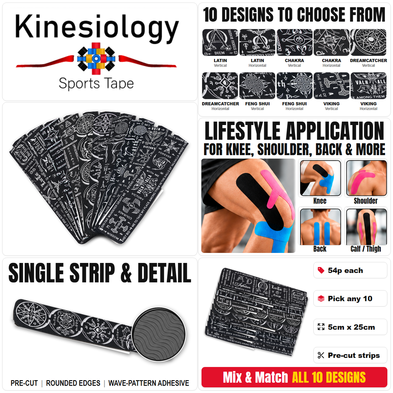 Black Talisman range panel showing all ten designs named, a fan of printed strips, lifestyle taping photos and the 5cm x 25cm strip detail