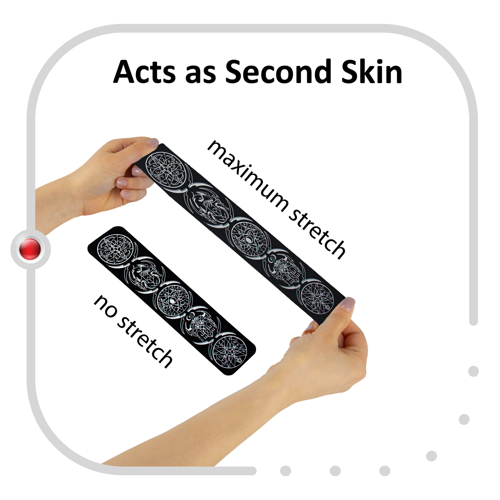 Black Talisman kinesiology tape in the Dreamcatcher vertical design, held at full stretch between two hands beside an unstretched strip, showing that it extends to 170% of its resting length