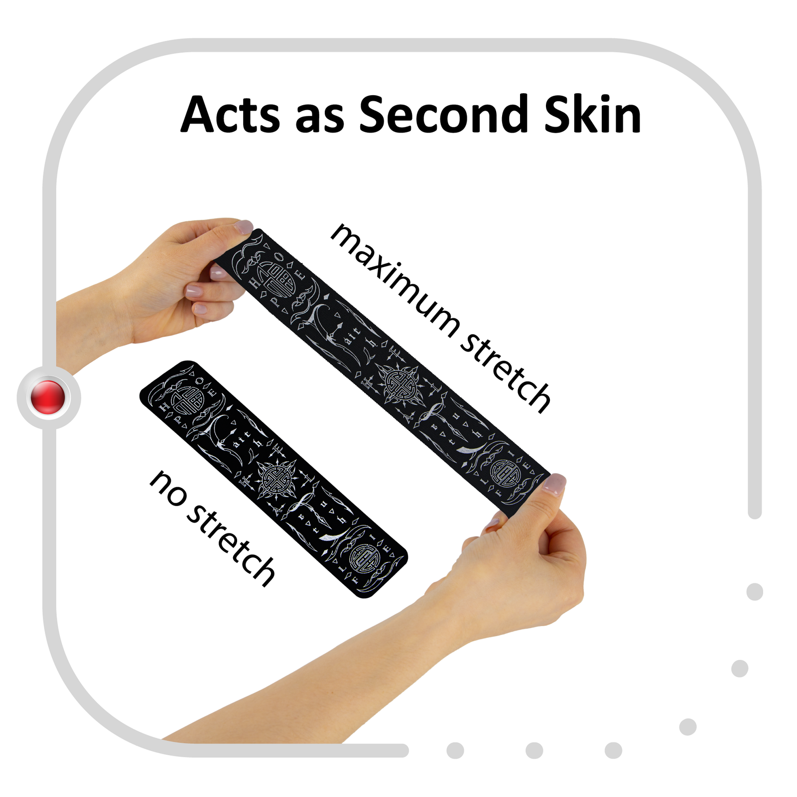 Black Talisman kinesiology tape in the Feng Shui vertical design, held at full stretch between two hands beside an unstretched strip, showing that it extends to 170% of its resting length