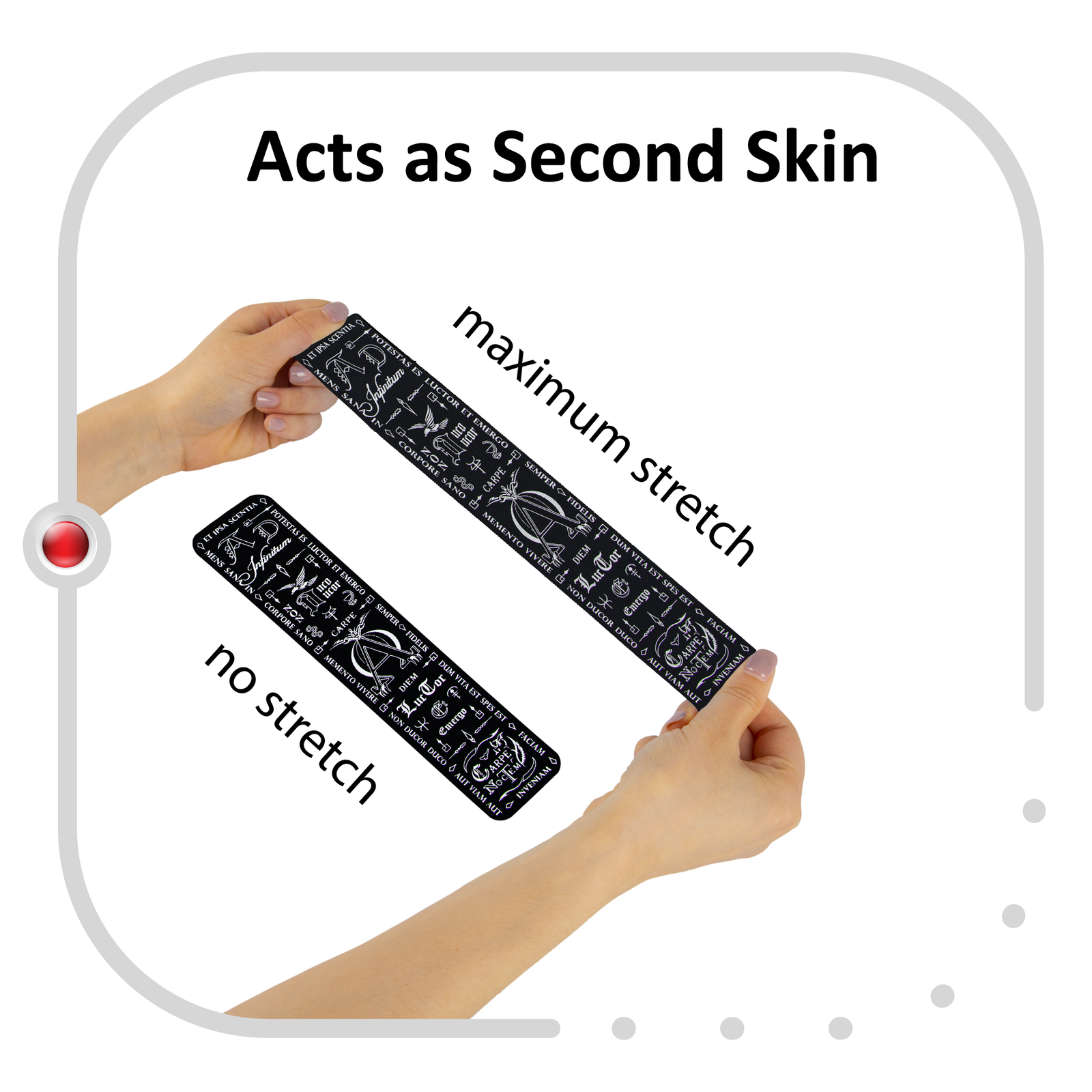 Black Talisman kinesiology tape in the Latin Greek vertical design, held at full stretch between two hands beside an unstretched strip, showing that it extends to 170% of its resting length