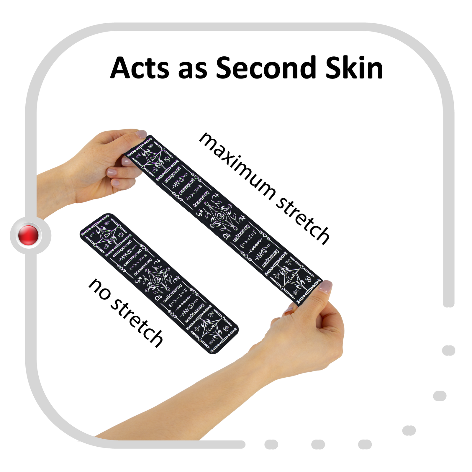 Black Talisman kinesiology tape in the Reiki Chakra horizontal design, held at full stretch between two hands beside an unstretched strip, showing that it extends to 170% of its resting length