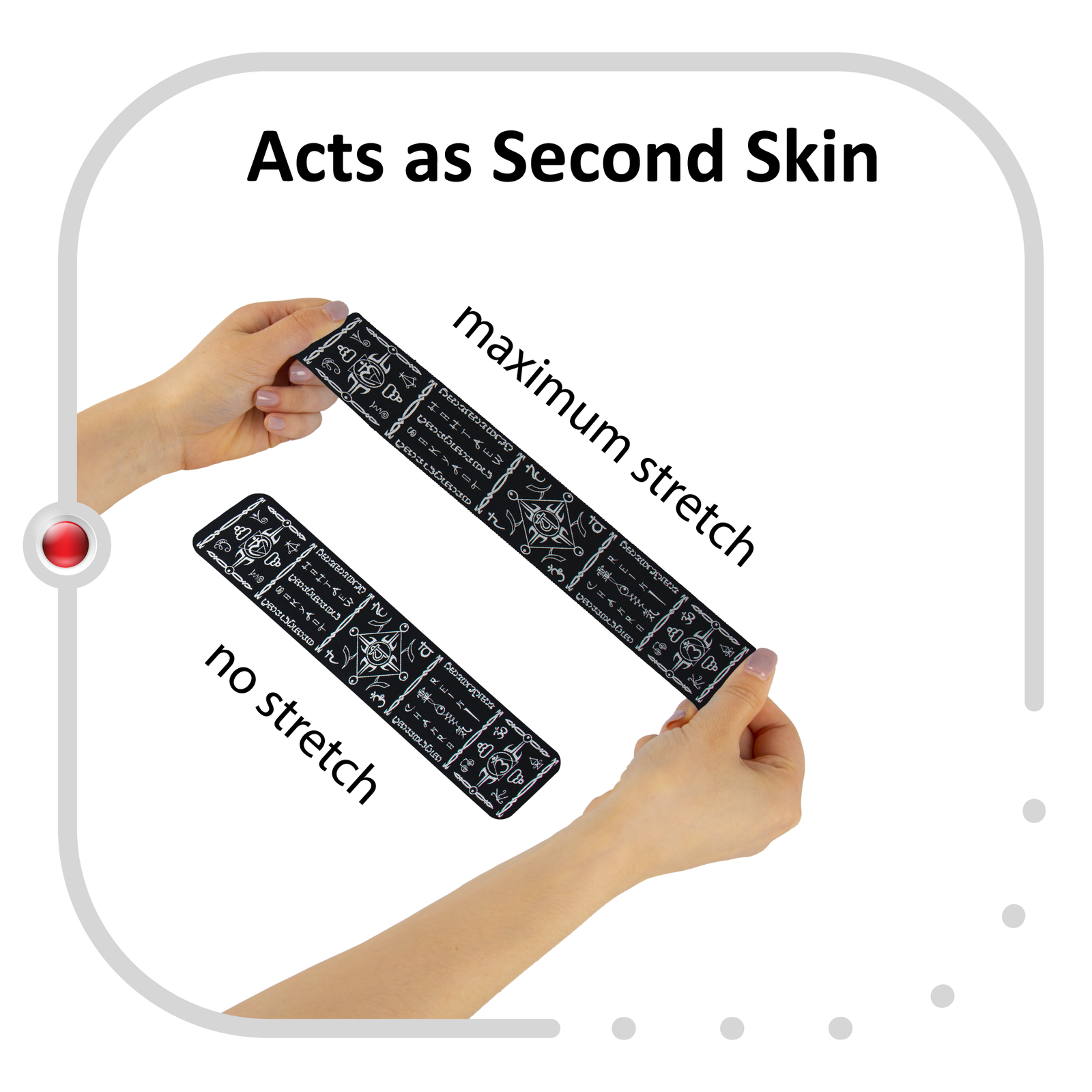 Black Talisman kinesiology tape in the Reiki Chakra vertical design, held at full stretch between two hands beside an unstretched strip, showing that it extends to 170% of its resting length