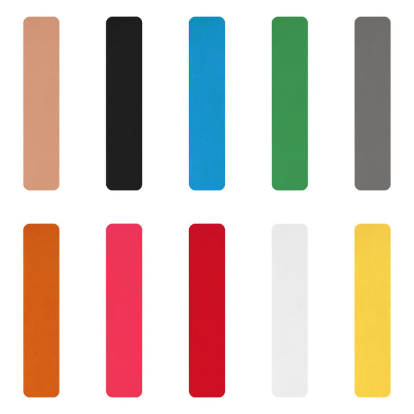 Ten pre-cut kinesiology tape strips, one in each of the ten colours