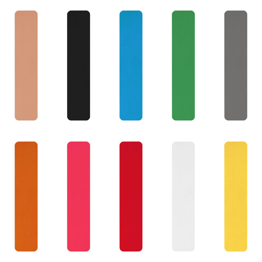 Ten pre-cut kinesiology tape strips, one in each of the ten colours