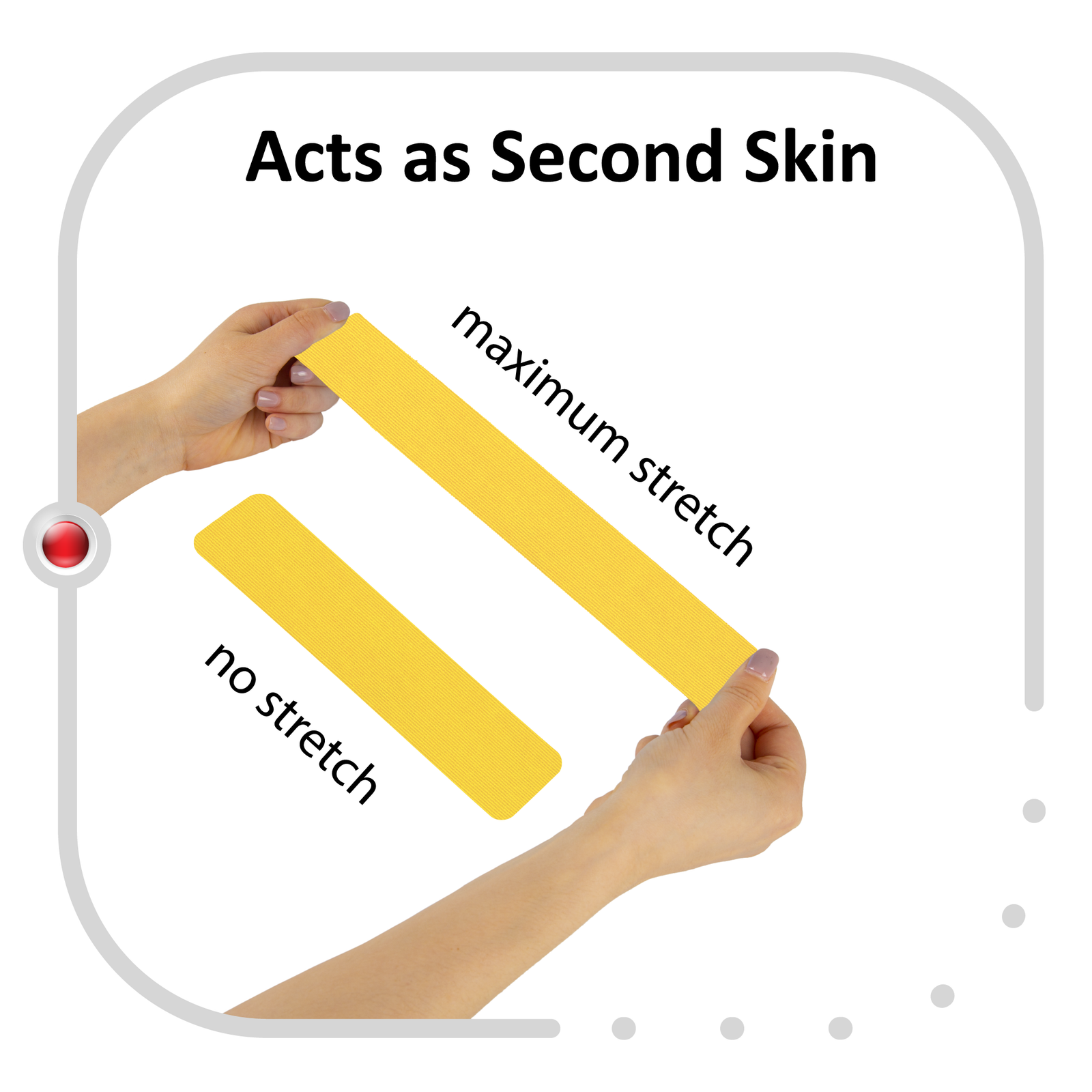 Yellow kinesiology tape held at full stretch between two hands beside an unstretched strip of the same tape, showing that it extends to 170% of its resting length